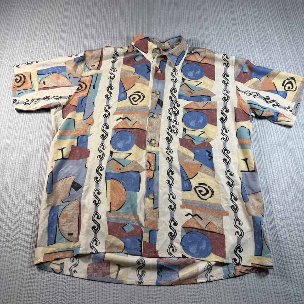 Gabicci Shirt Linen Blend Mens XL Short Sleeve Geometric Shapes Abstract Retro